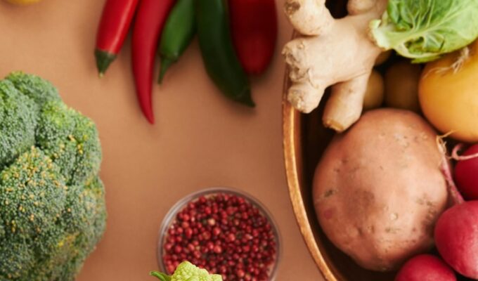 display of foods like broccoli, ginger, sweet potatoes etc to boost your immune system