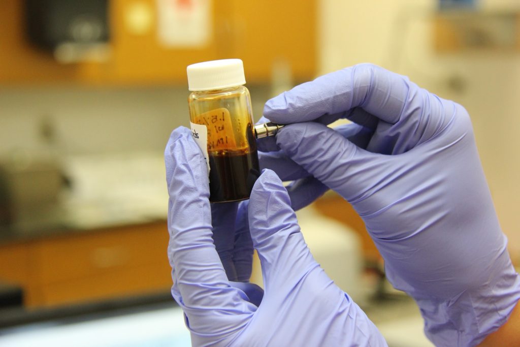 A lab technician wearing gloves and holding a blood sample