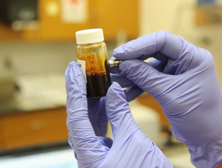 A lab technician wearing gloves and holding a blood sample