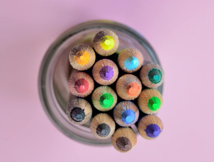 pencil colors in a cup for art therapy