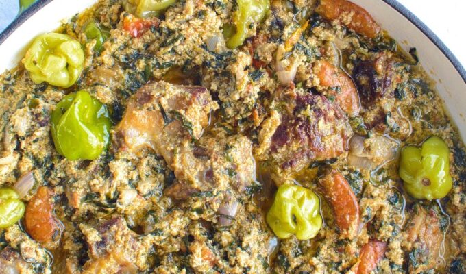 Kontomire stew with dried shrimps, melon seeds and meat