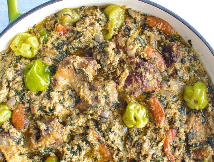 Kontomire stew with dried shrimps, melon seeds and meat