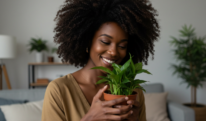 A black woman holding a pot of green plant and smiling