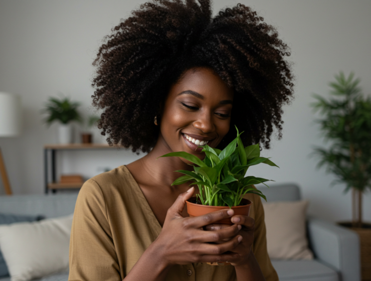 A black woman holding a pot of green plant and smiling