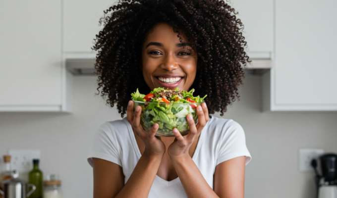 A black woman holding a bowl of salad to signify healthy eating and balanced diet