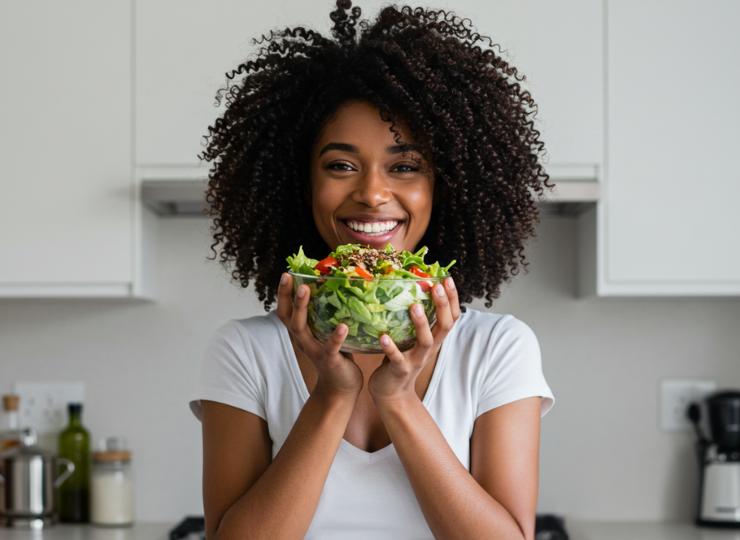 A black woman holding a bowl of salad to signify healthy eating and balanced diet