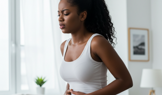 Black woman holding her tummy to signify unhealthy nervous system
