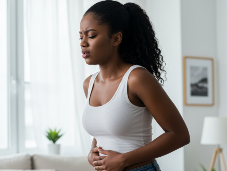 Black woman holding her tummy to signify unhealthy nervous system
