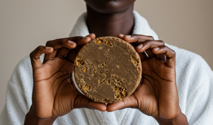 black woman holding one of the indigenous African soaps, black soap