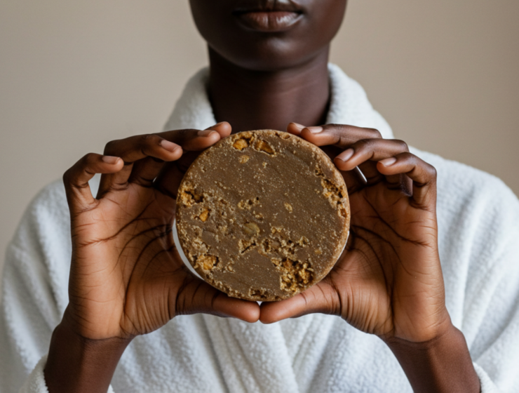 black woman holding one of the indigenous African soaps, black soap