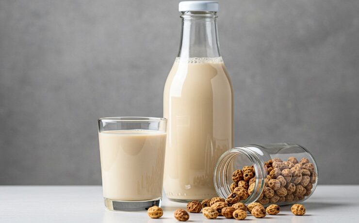 Tigernut tubers in a glass jar spread on a flat surface with a glass and bottle of tigernut milk.