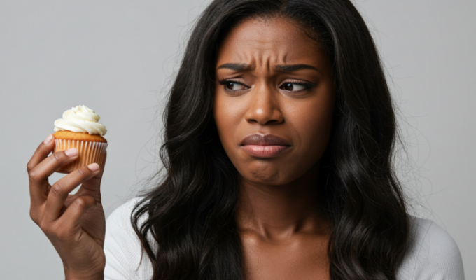 A black woman holding cupcake with a look of concern indicating emotional eating.