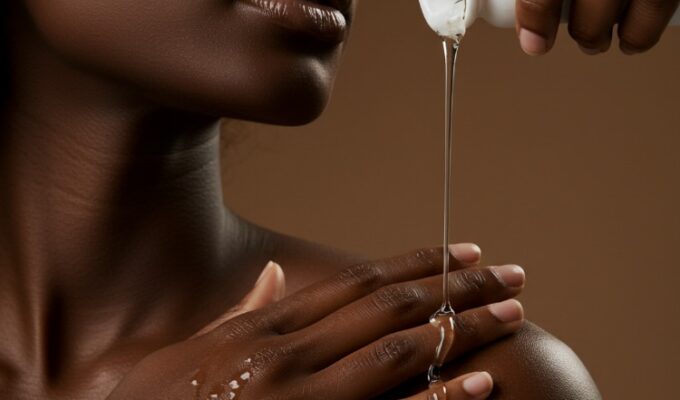 Oil being poured on a dark skinned woman to help with glowing skin