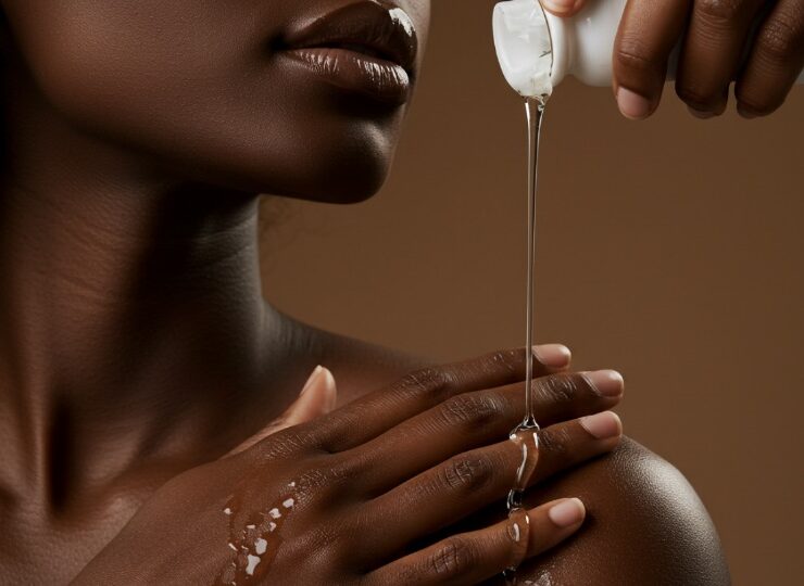 Oil being poured on a dark skinned woman to help with glowing skin