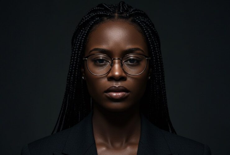 Response to Black tax demonstrated by a Black professional woman wearing glasses and braids staring stoically ahead.