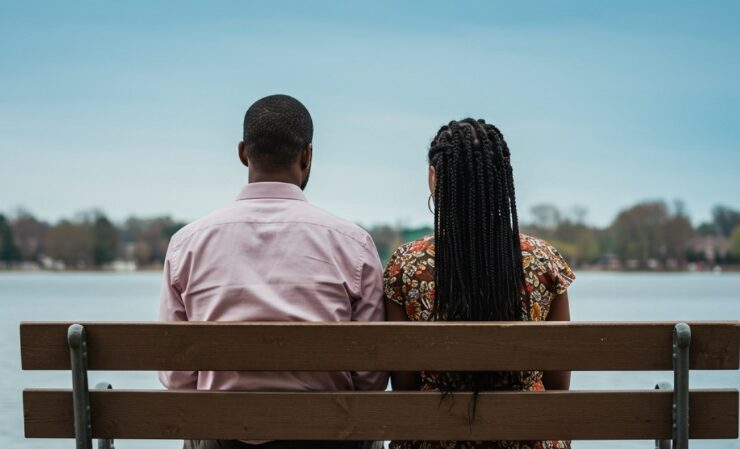 A Black couple at the talking stage sitting on a bench overlooking the waters