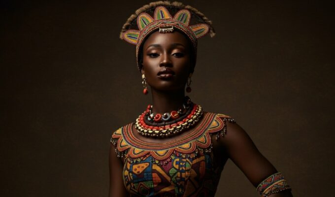 A Black woman wearing African clothes representing womanhood