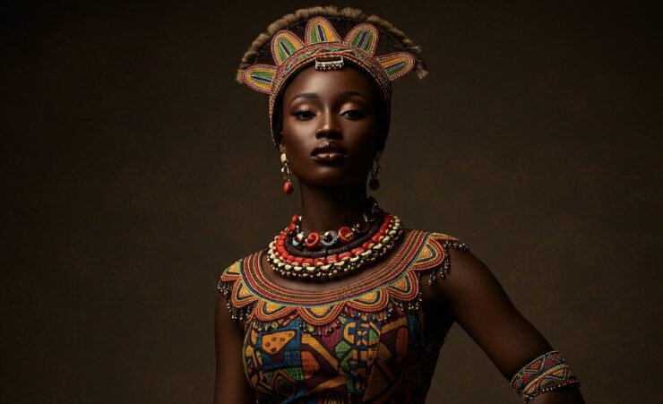 A Black woman wearing African clothes representing womanhood
