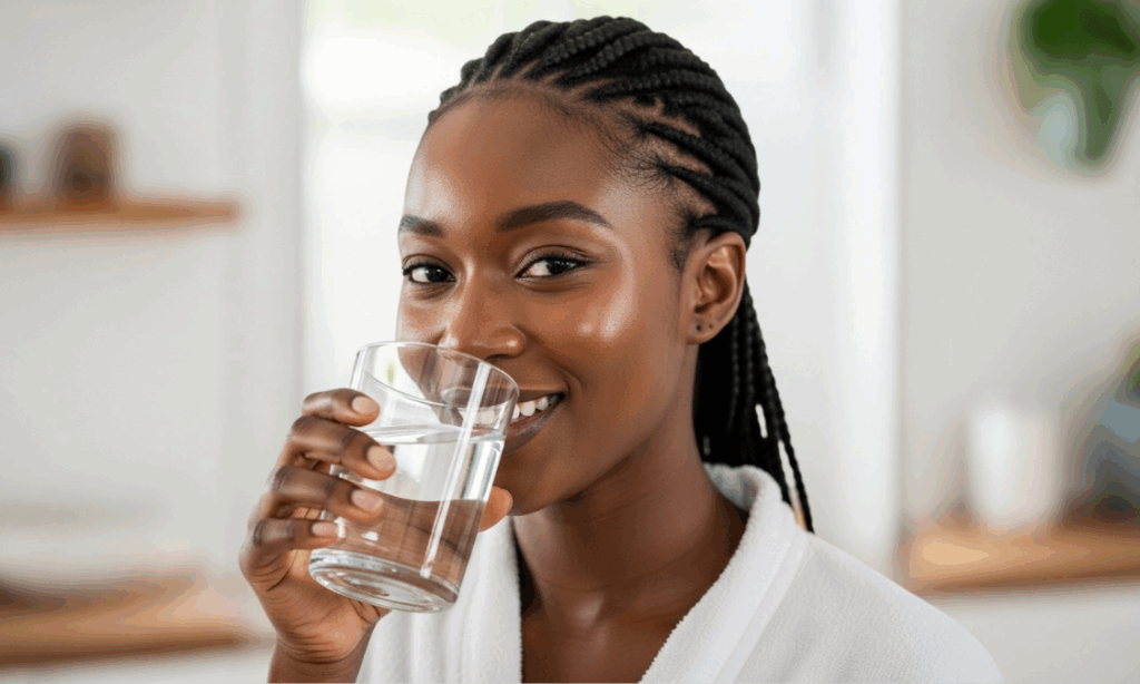 African woman drinking water to support body detox