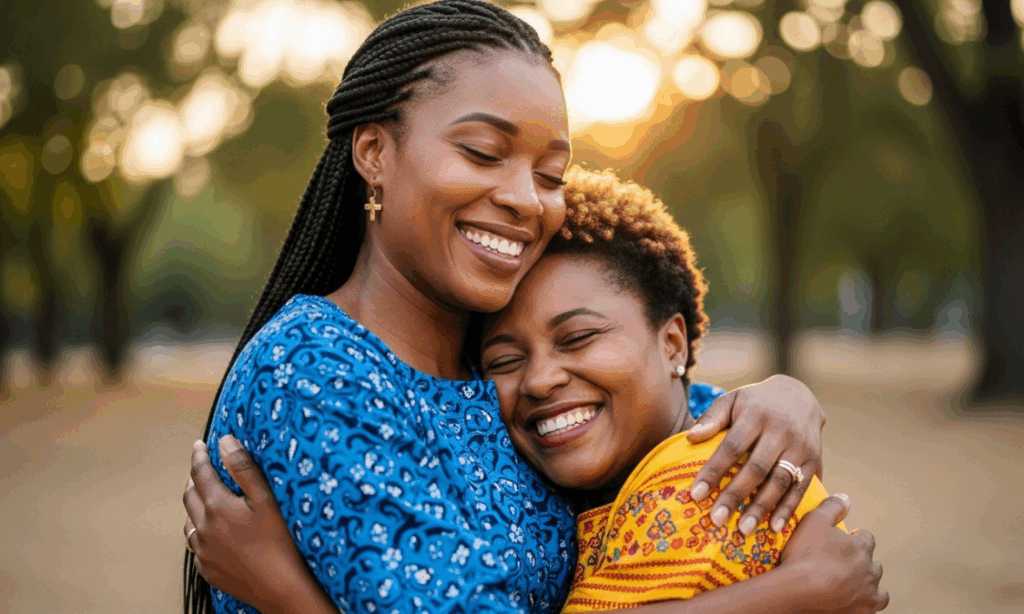 Two African women hugging and showing what rebuilding trust in friendships looks like