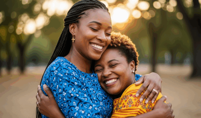 Two African women hugging and showing what rebuilding trust in friendships looks like