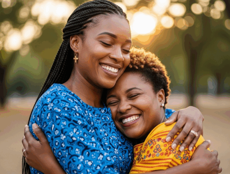 Two African women hugging and showing what rebuilding trust in friendships looks like