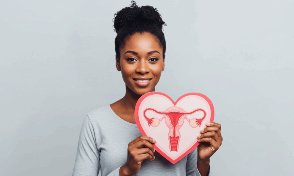 African woman with uterus diagram, highlighting importance of menstrual health and PCOS awareness.