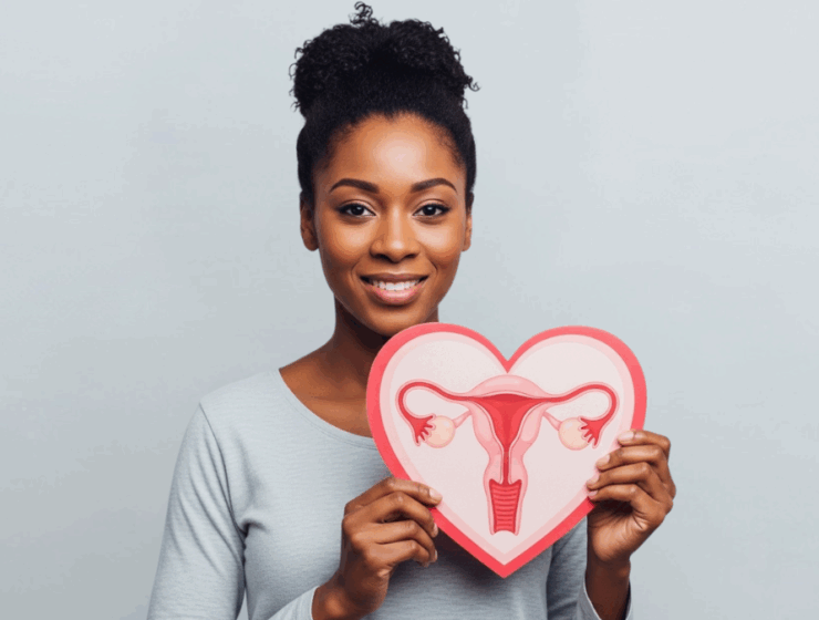 African woman with uterus diagram, highlighting importance of menstrual health and PCOS awareness.