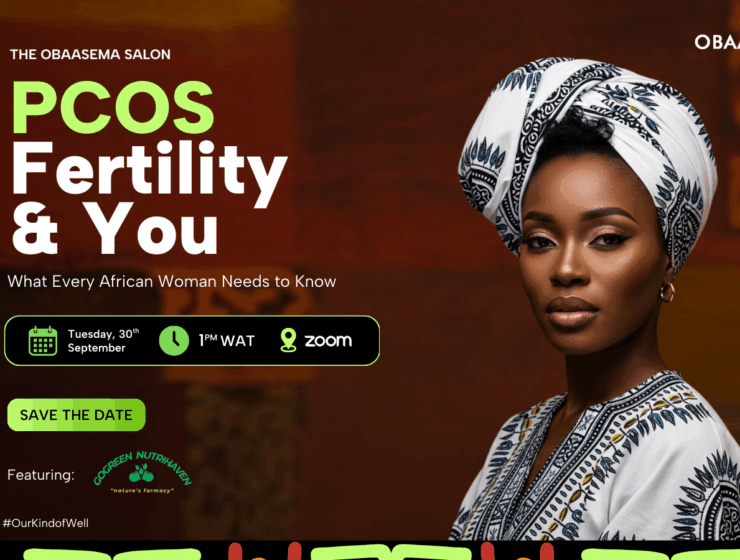 Design for The Obaasema Salon event on PCOS and fertility, featuring an African woman wearing a traditional cloth and scarf