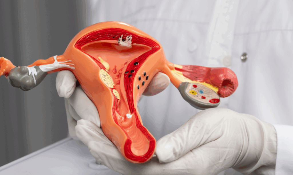 Doctor holding a uterus model to explain PCOS in African women.
