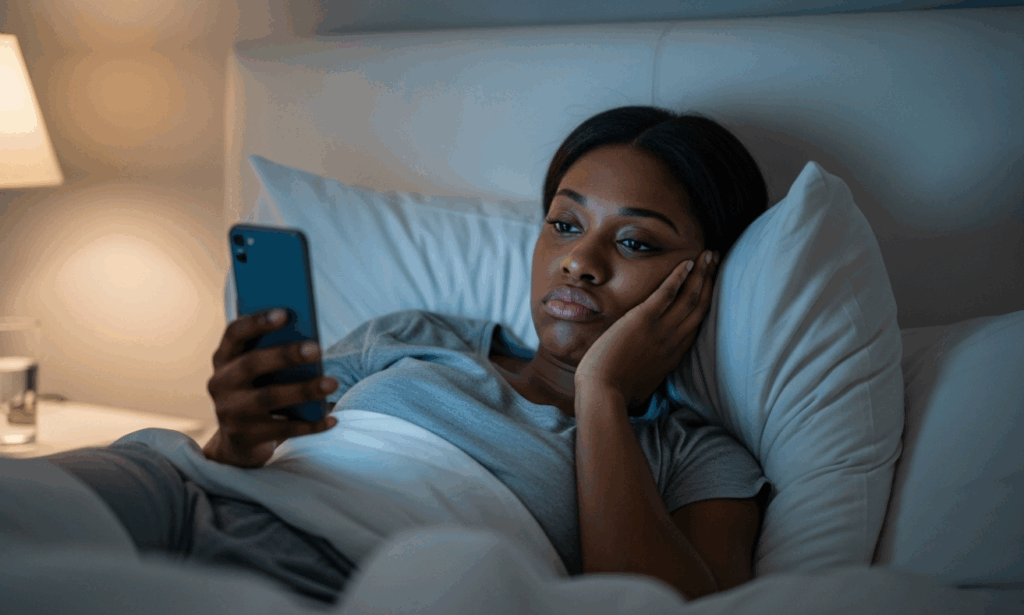 African woman lying in bed scrolling on her phone, showing signs of functional freeze and emotional exhaustion.