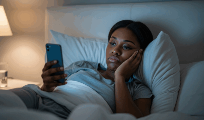 African woman lying in bed scrolling on her phone, showing signs of functional freeze and emotional exhaustion.