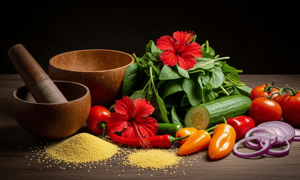 Fresh food ingredients and spices used in healthy african meals