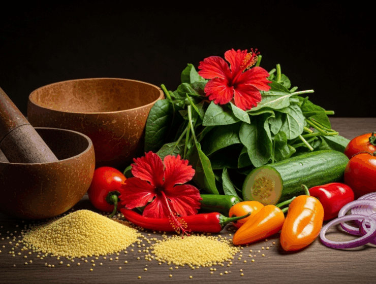 Fresh food ingredients and spices used in healthy african meals