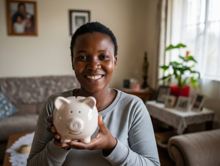 Lindiwe holding a piggy bank, showing how to save money on a low income.