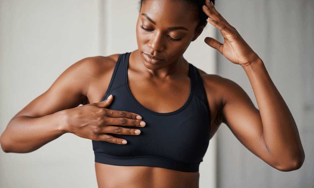 African woman examining her breasts at home as part of natural breast care tips for early detection of breast cancer
