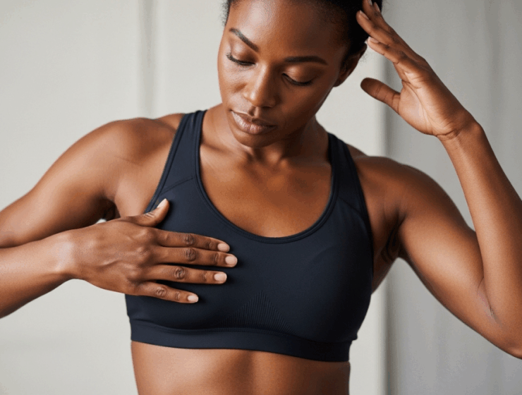 African woman examining her breasts at home as part of natural breast care tips for early detection of breast cancer