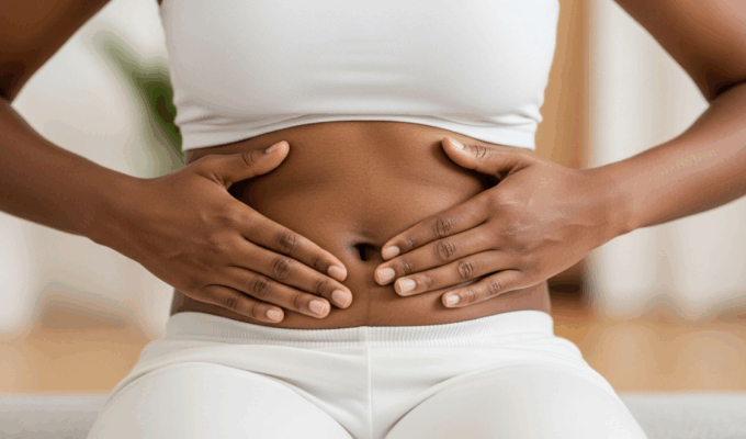 A black woman touching her stomach to signal womb cleansing