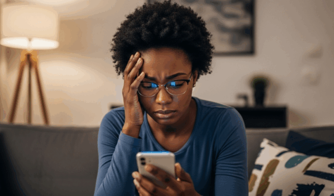 a black woman touched her forehead as she experiences trolling online