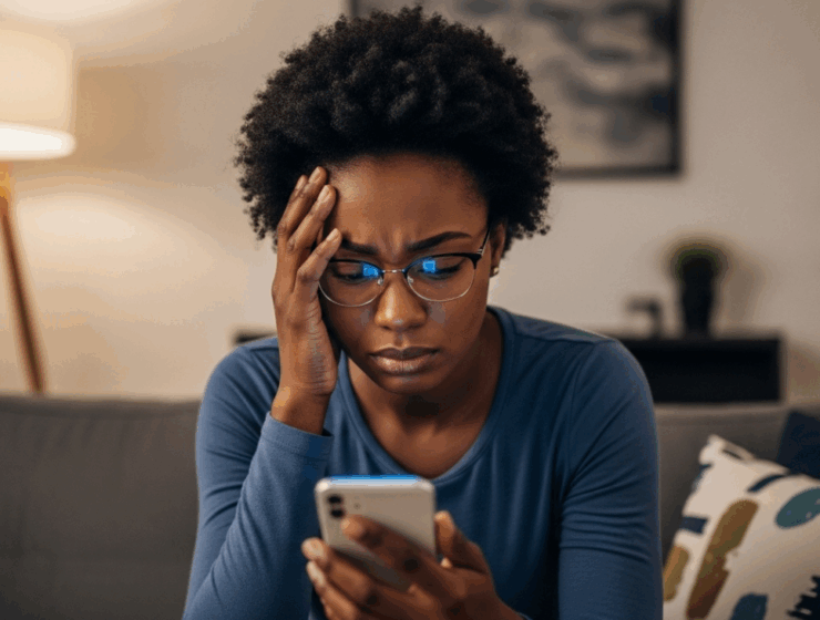 a black woman touched her forehead as she experiences trolling online