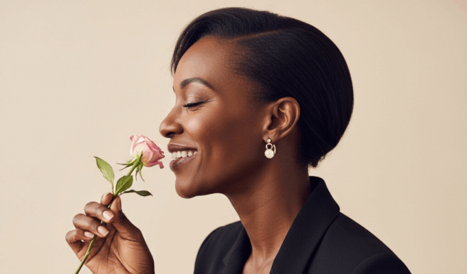 a black woman smelling pink roses symbolizing menopause health tips for African women