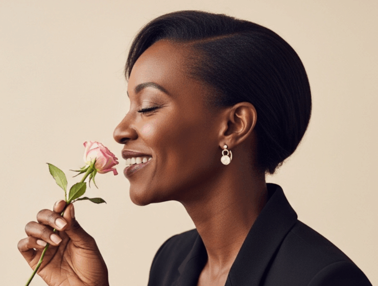 a black woman smelling pink roses symbolizing menopause health tips for African women