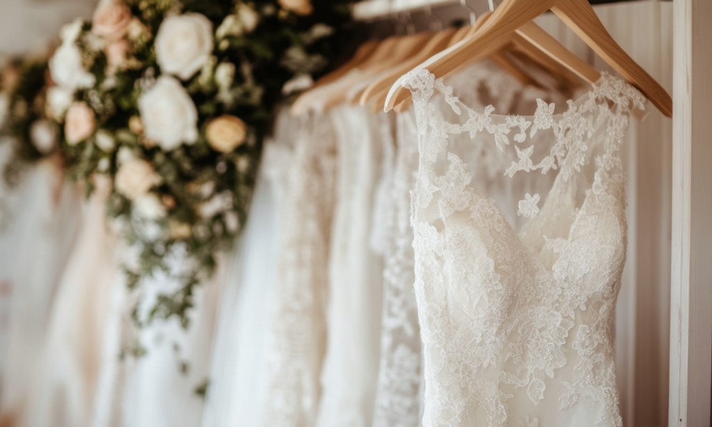 Wedding dresses on a rack, representing societal pressure to marry, emphasising being single and happy.