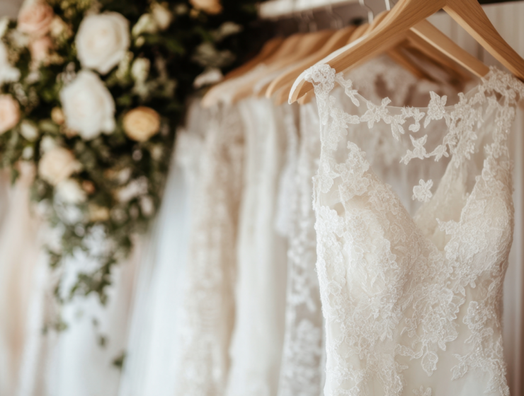 Wedding dresses on a rack, representing societal pressure to marry, emphasising being single and happy.