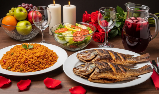 Jollof rice with grilled fish, fruit, and hibiscus drink featured in romantic African dinner ideas for couples.