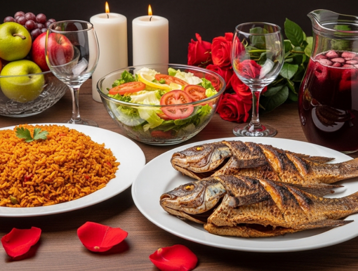 Jollof rice with grilled fish, fruit, and hibiscus drink featured in romantic African dinner ideas for couples.