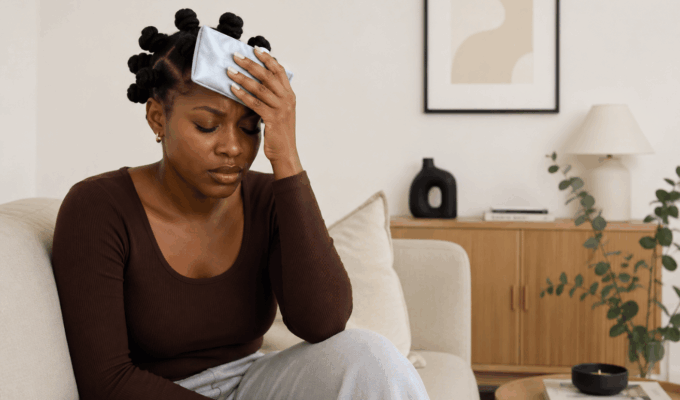 African woman using a cold compress, which is one of the natural remedies for headaches.