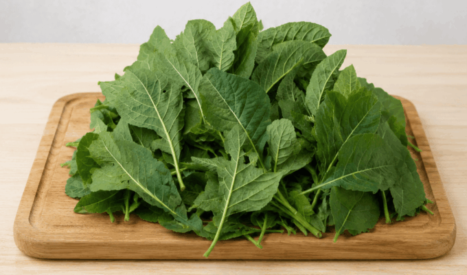 Fresh bitter leaf (Vernonia amygdalina) piled on a wooden chopping board