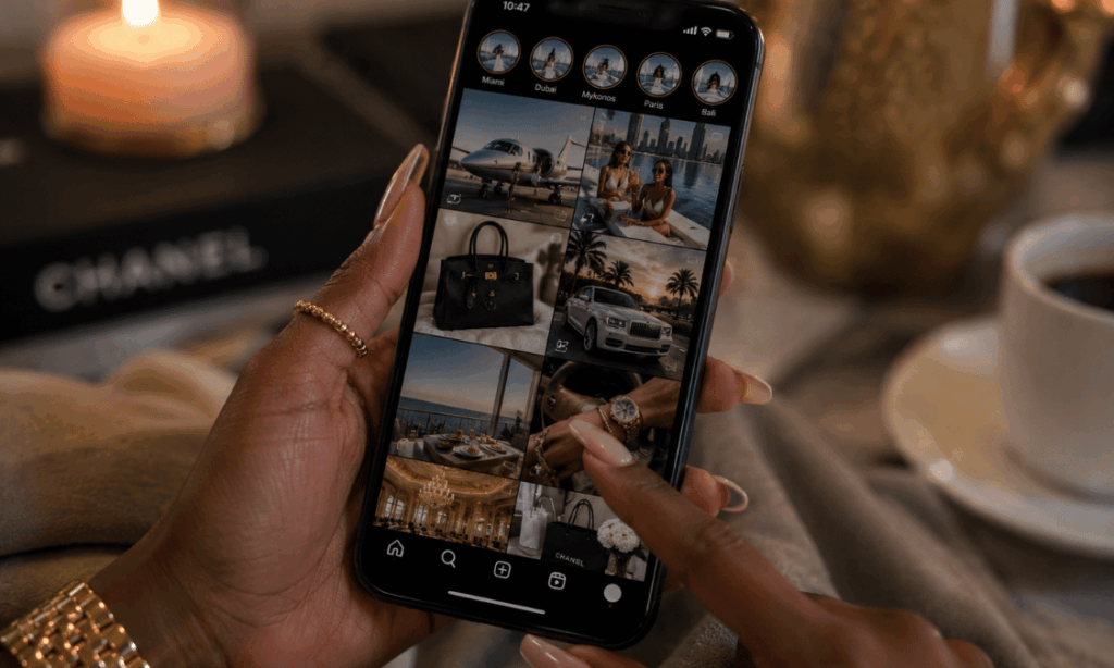 A Black woman scrolls through a luxury-filled social media feed  illustrating how lifestyle inflation can be influenced by constant online exposure.