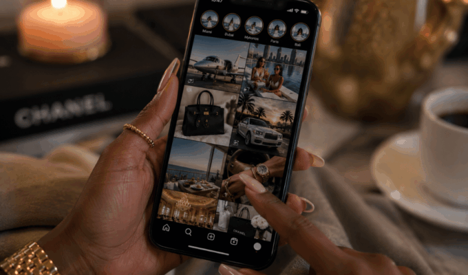 A Black woman scrolls through a luxury-filled social media feed illustrating how lifestyle inflation can be influenced by constant online exposure.